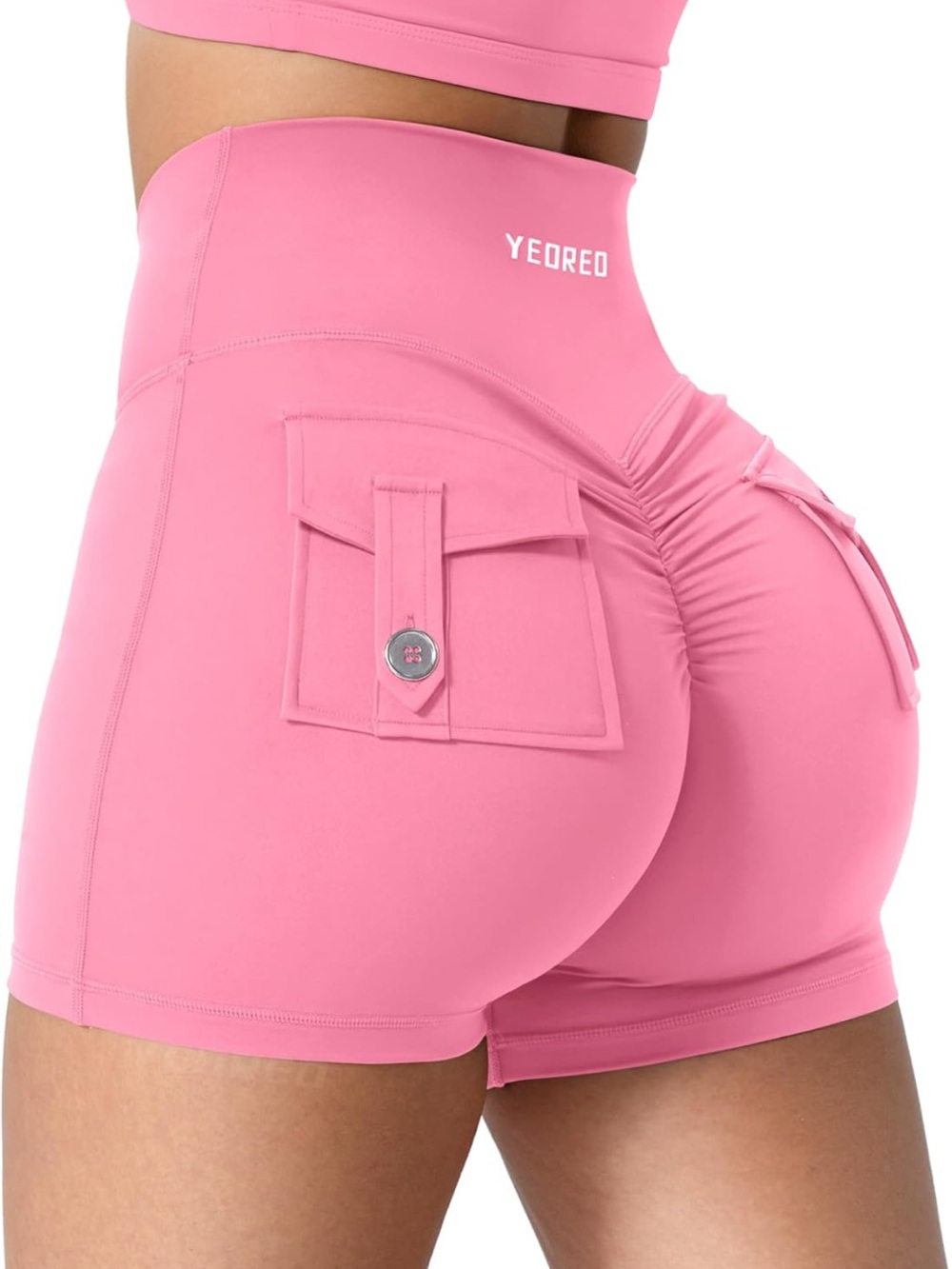 Yeoreo High-Waist Pink Ruched Yoga Shorts with Flap Pockets size L